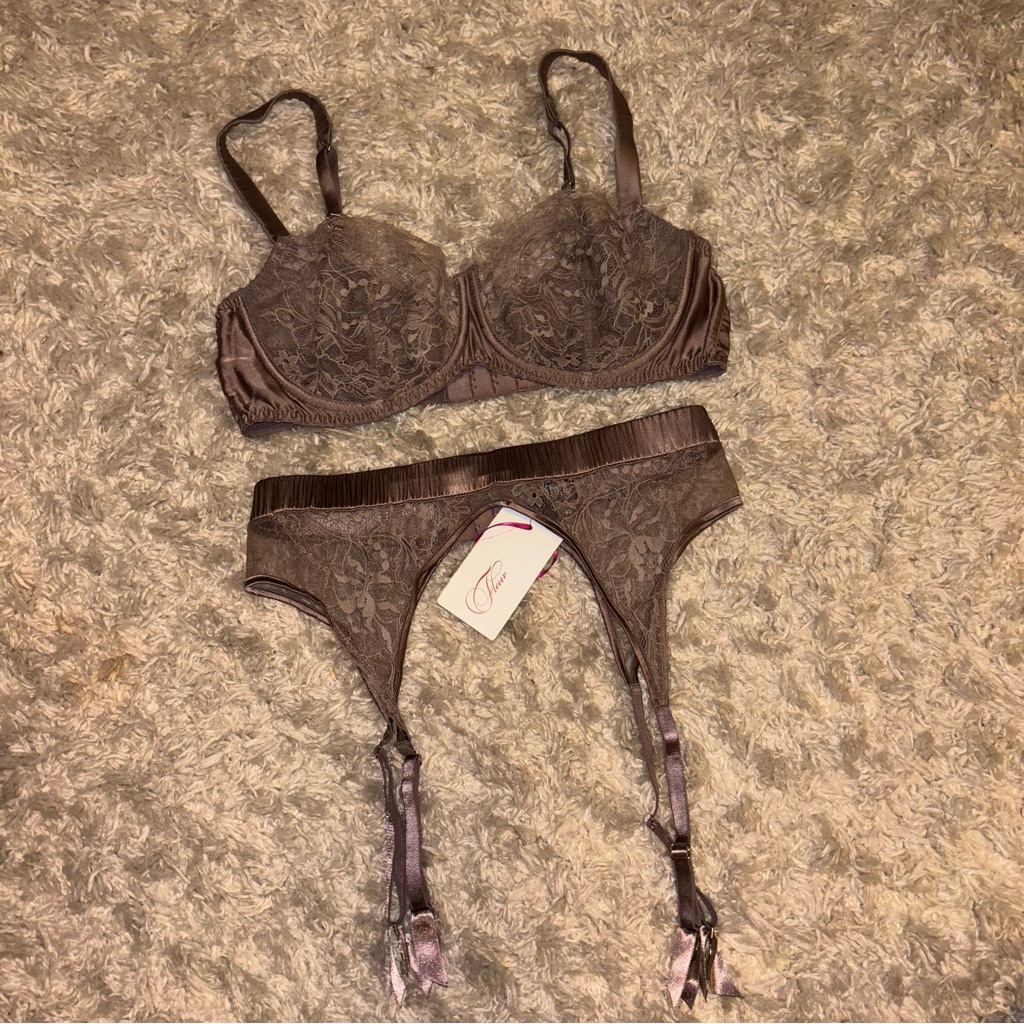 Fleur Of England Silk Bra & Suspender Belt Set In Mink / Small 32c — image 3 of 8